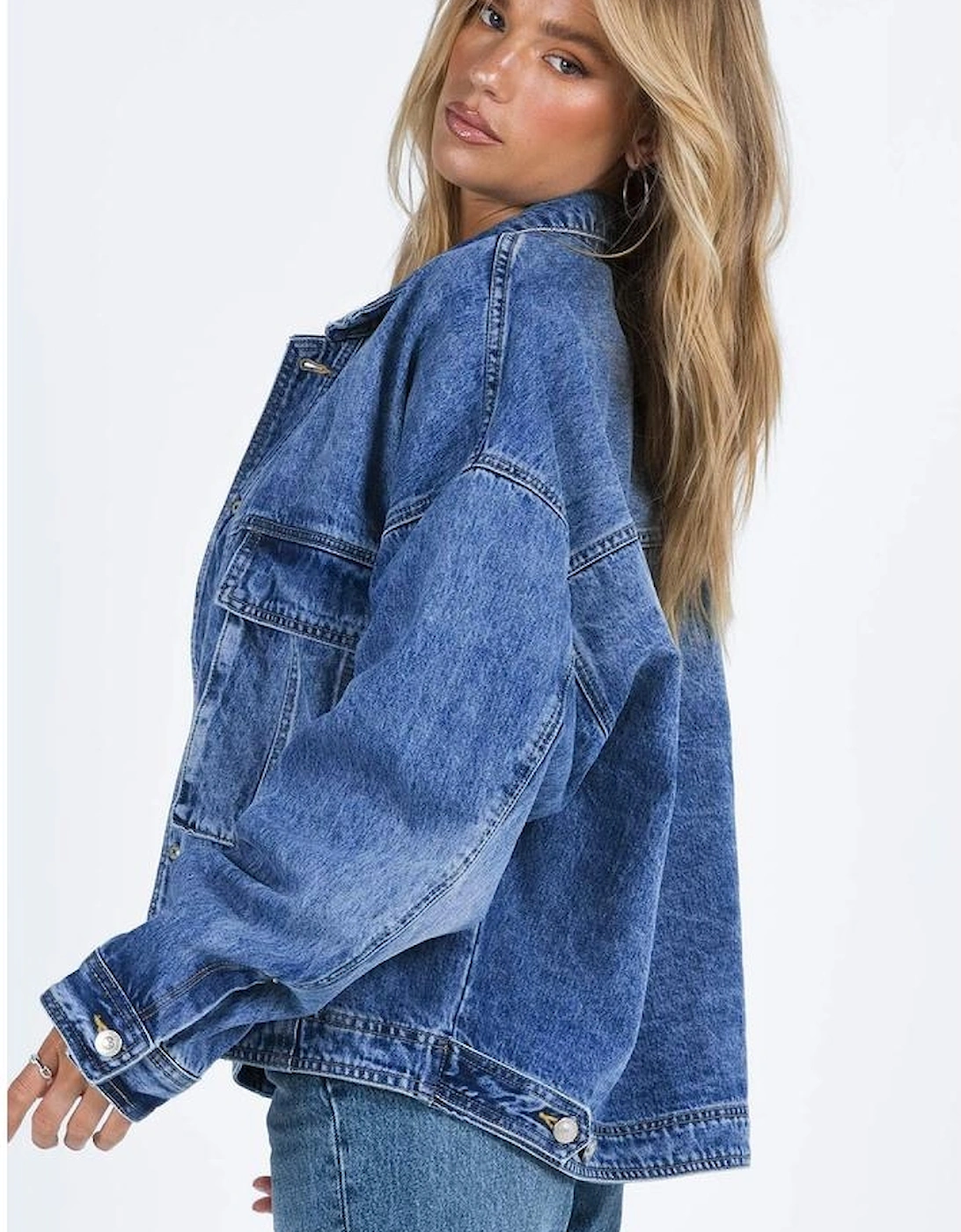 Blue Chest Pockets Drop Shoulder Loose Denim Jacket