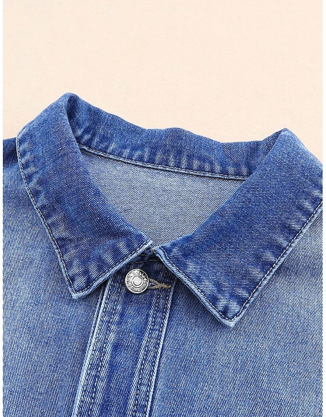 Blue Chest Pockets Drop Shoulder Loose Denim Jacket