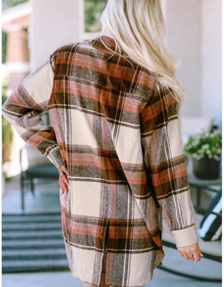 Brown Plaid Print Flap Pockets Long Shacket