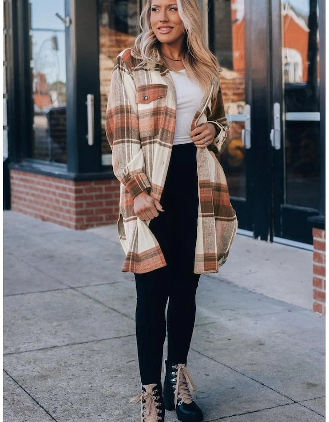 Brown Plaid Print Flap Pockets Long Shacket