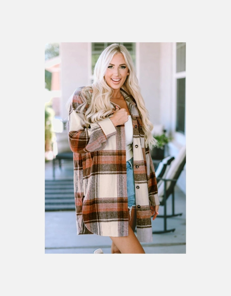 Brown Plaid Print Flap Pockets Long Shacket
