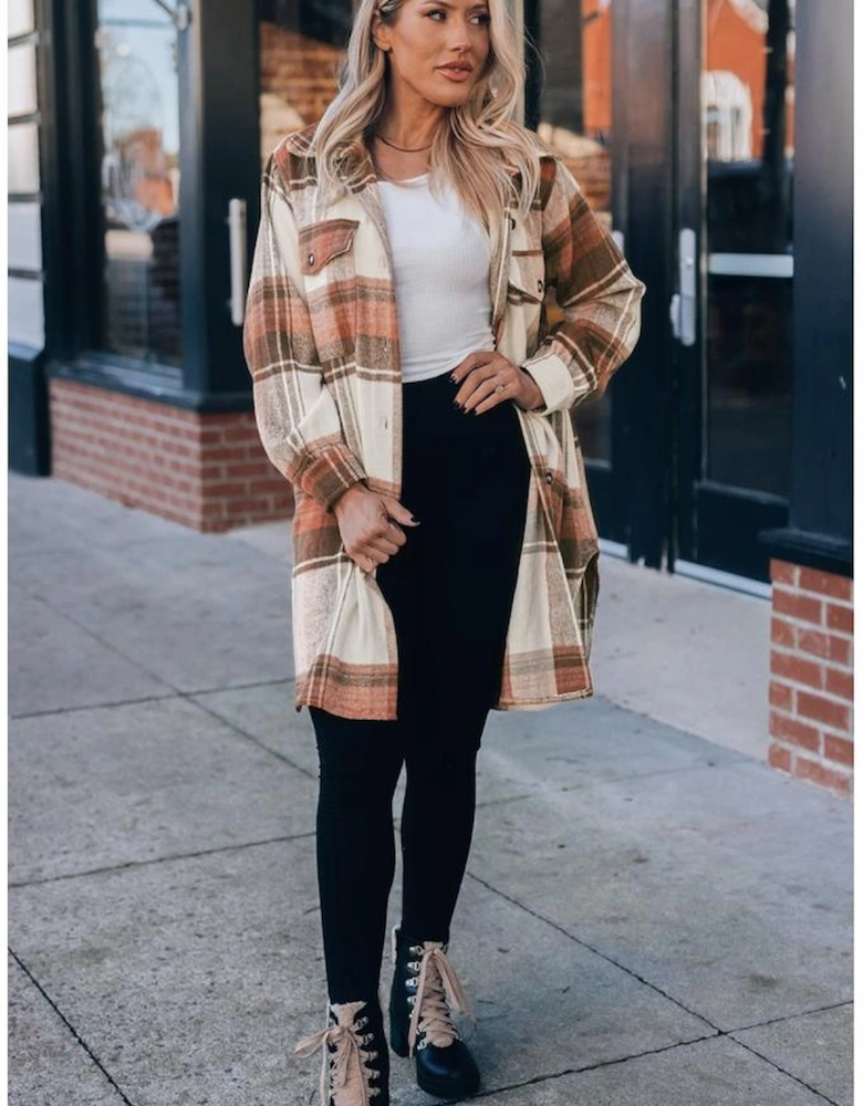 Brown Plaid Print Flap Pockets Long Shacket