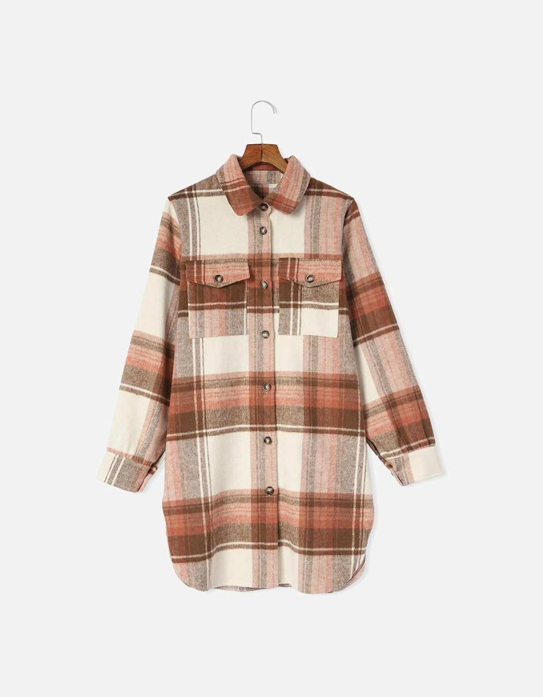 Brown Plaid Print Flap Pockets Long Shacket