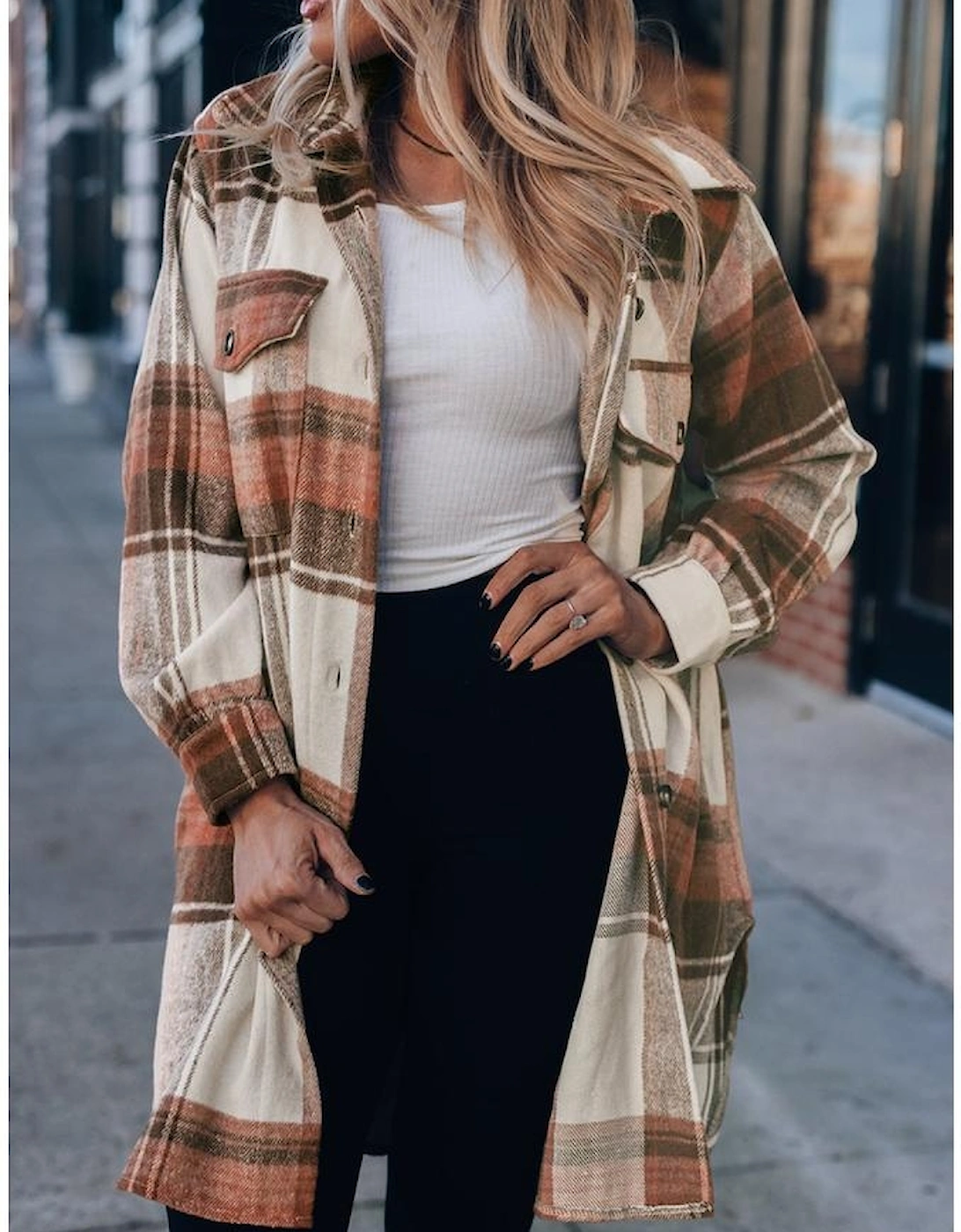 Brown Plaid Print Flap Pockets Long Shacket