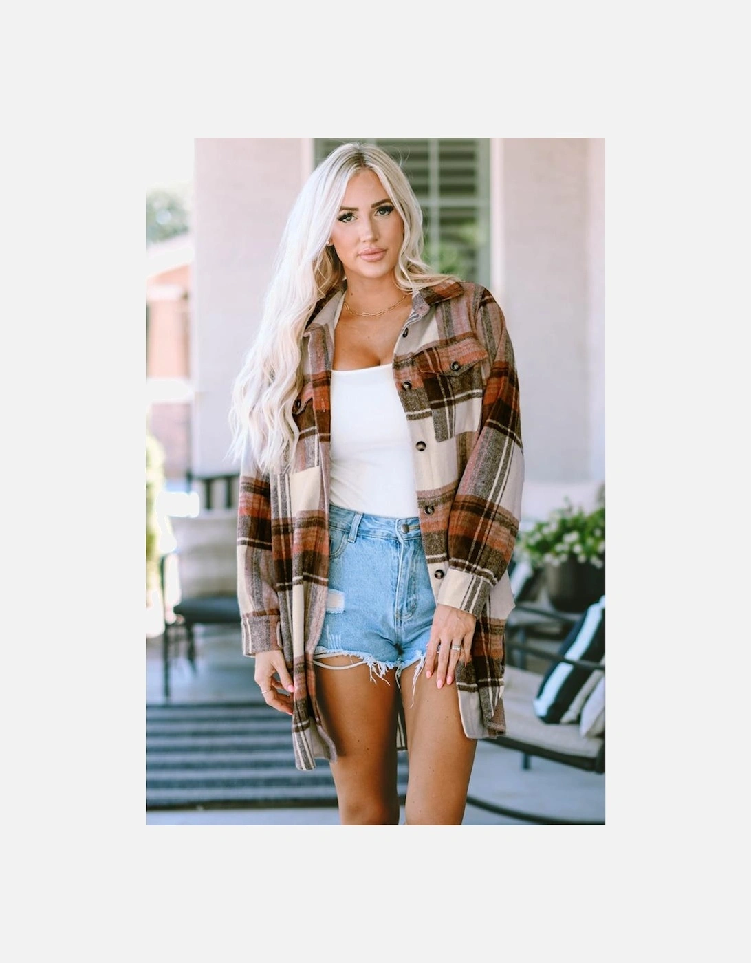 Brown Plaid Print Flap Pockets Long Shacket