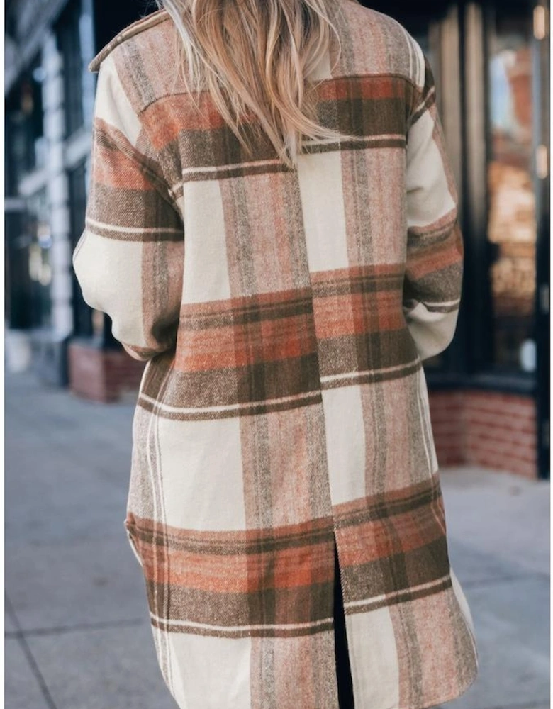 Brown Plaid Print Flap Pockets Long Shacket