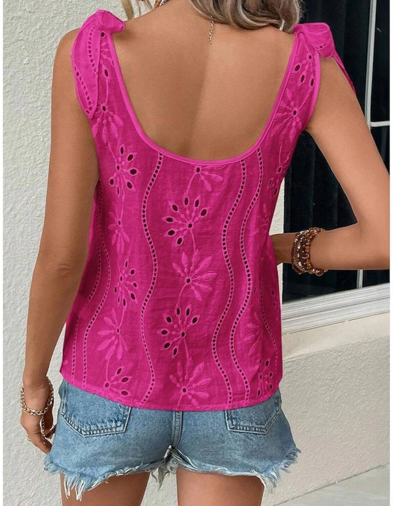 Rose Red Embroidery Patterned Knotted Straps V Neck Tank Top