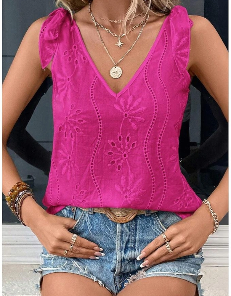 Rose Red Embroidery Patterned Knotted Straps V Neck Tank Top