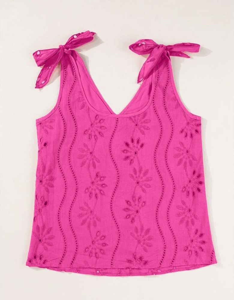 Rose Red Embroidery Patterned Knotted Straps V Neck Tank Top