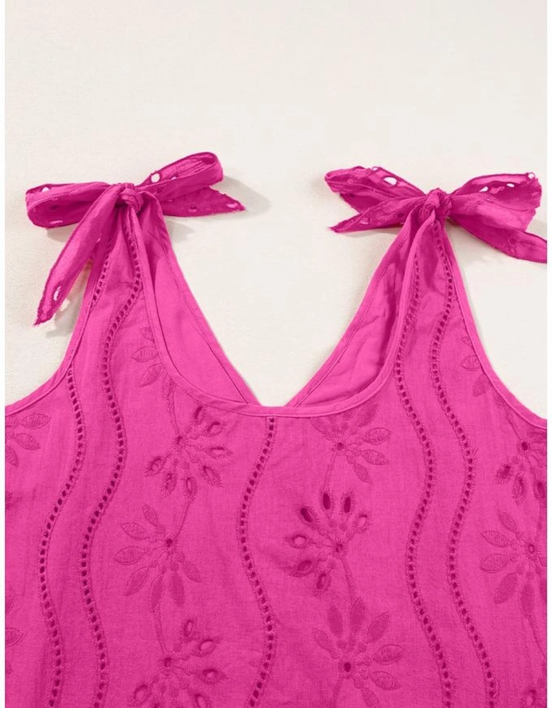 Rose Red Embroidery Patterned Knotted Straps V Neck Tank Top