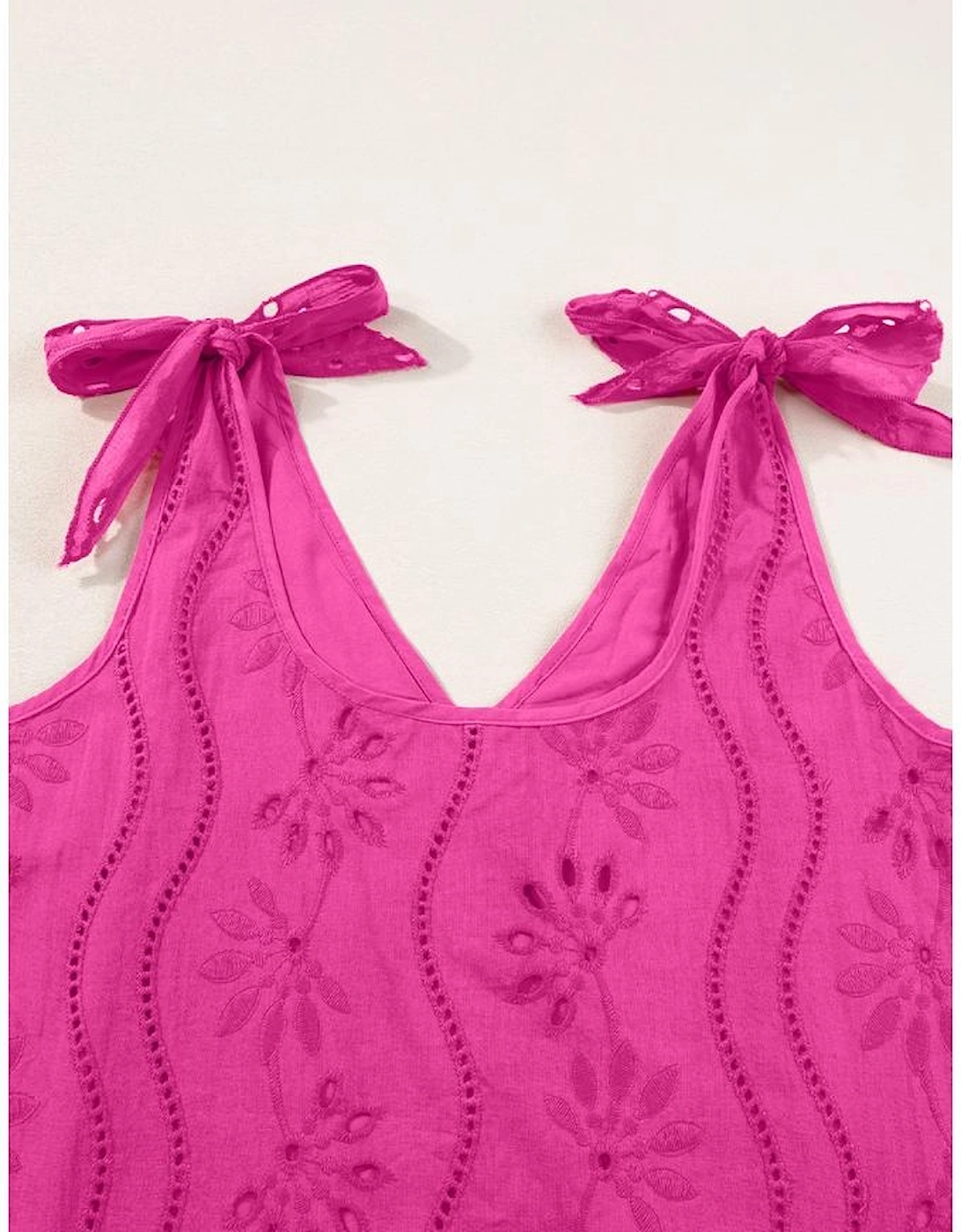 Rose Red Embroidery Patterned Knotted Straps V Neck Tank Top