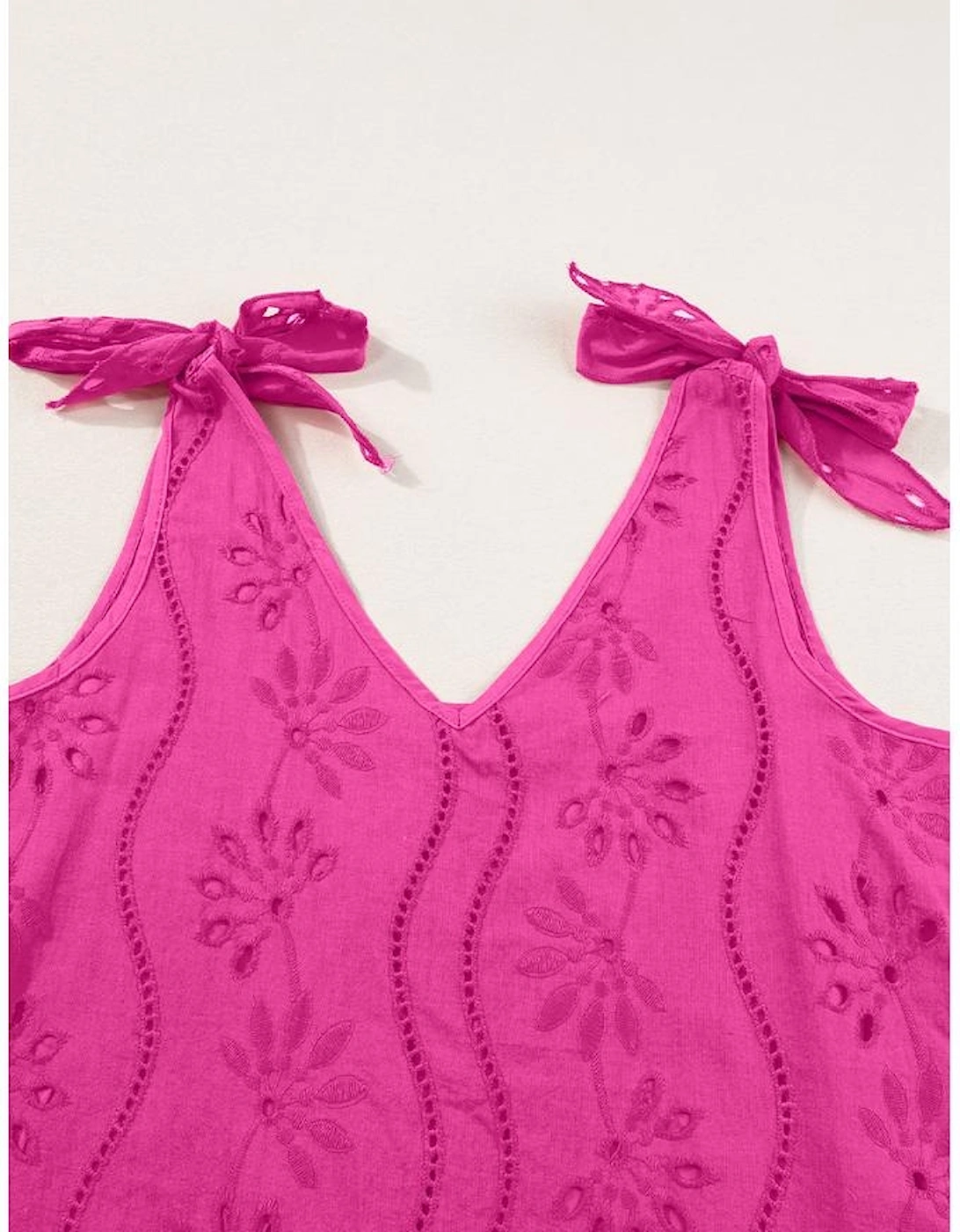 Rose Red Embroidery Patterned Knotted Straps V Neck Tank Top