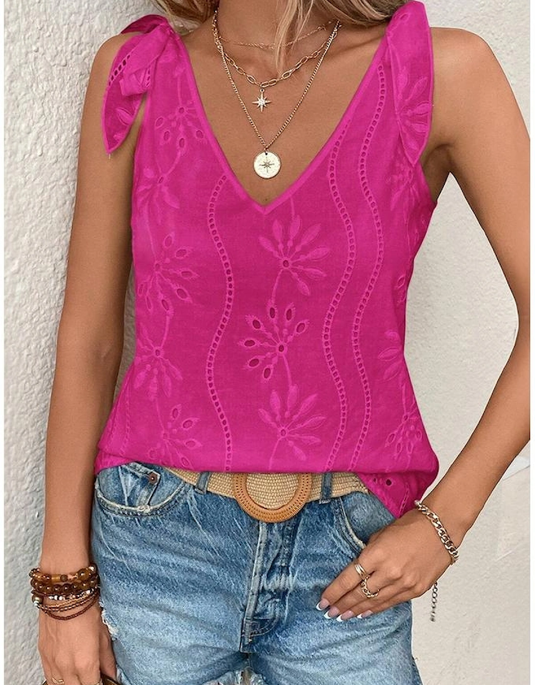 Rose Red Embroidery Patterned Knotted Straps V Neck Tank Top
