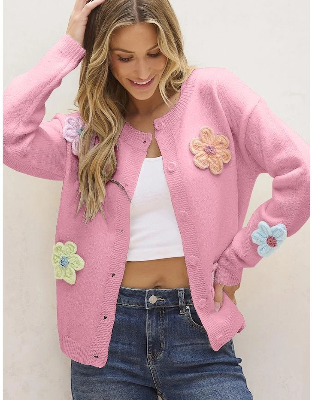 Pink Cute Knitted Floral Pattern Button Up Cardigan