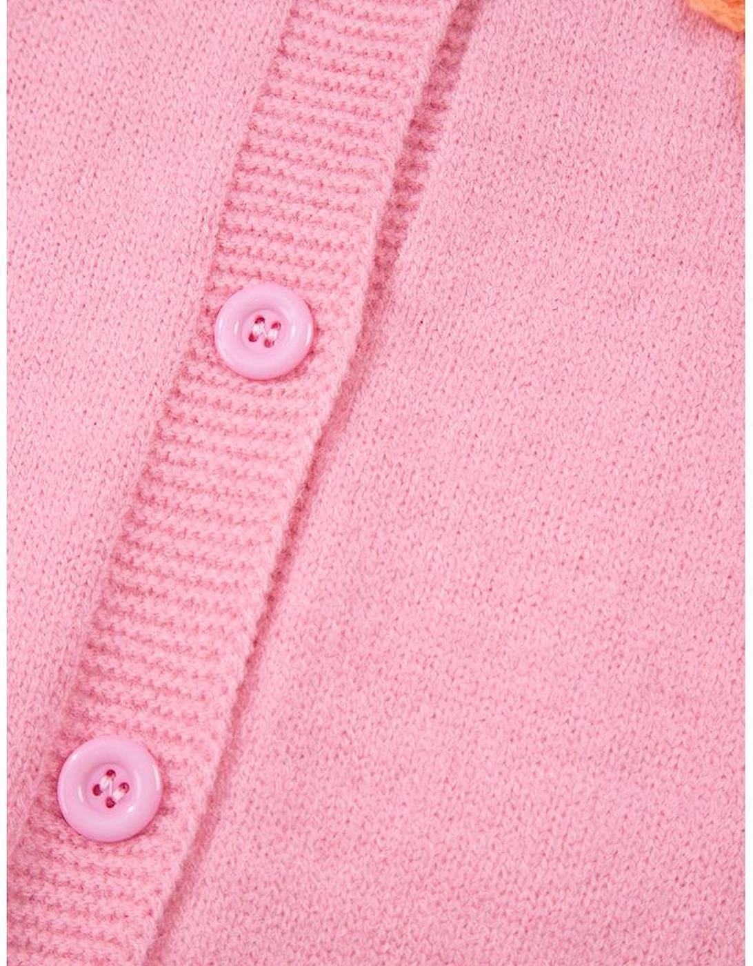 Pink Cute Knitted Floral Pattern Button Up Cardigan
