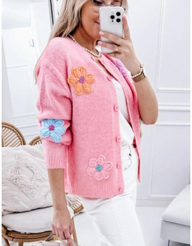 Pink Cute Knitted Floral Pattern Button Up Cardigan