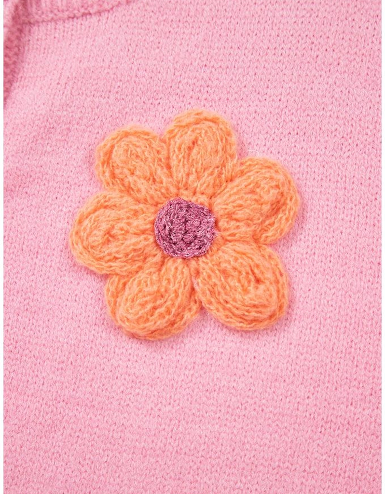 Pink Cute Knitted Floral Pattern Button Up Cardigan