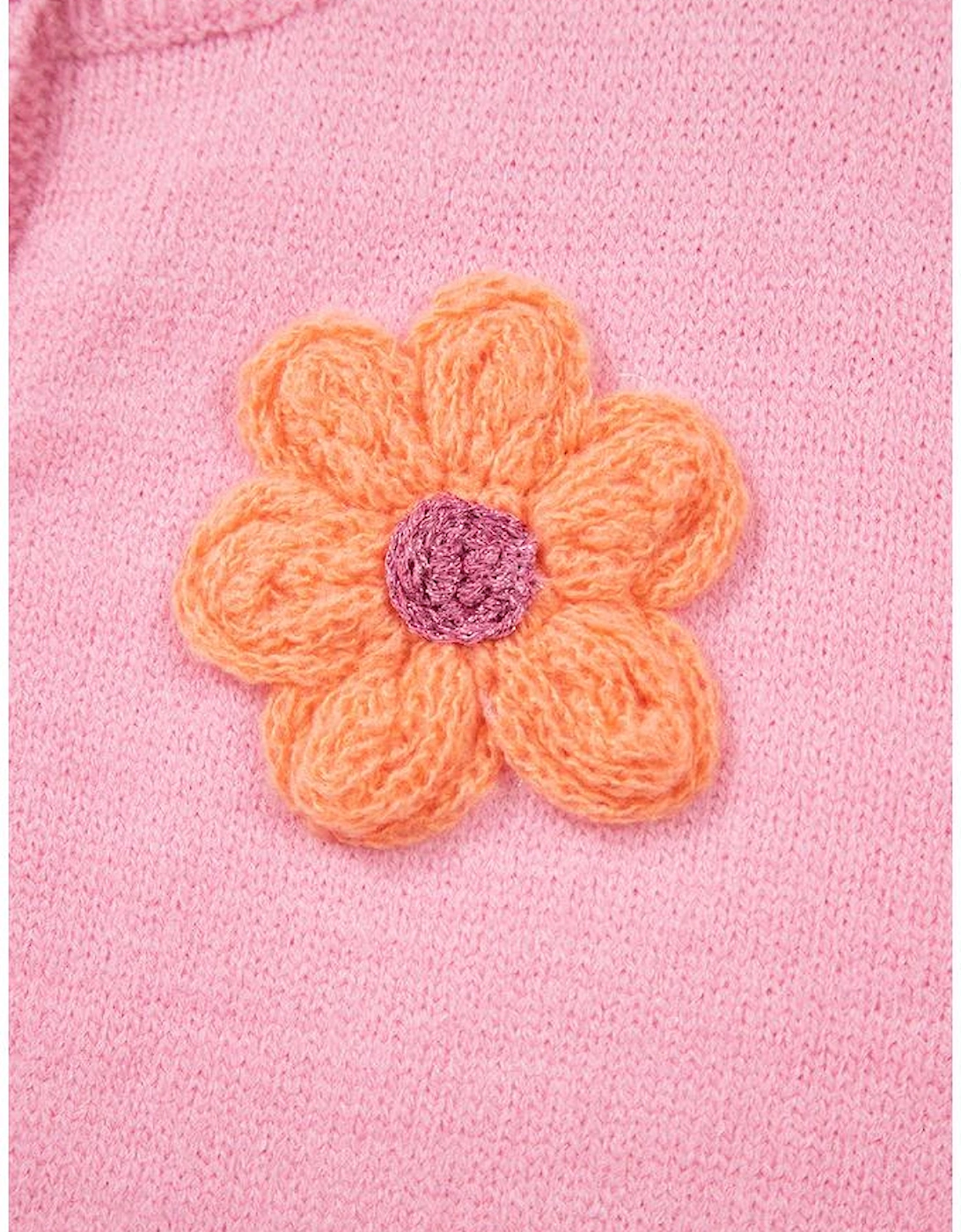 Pink Cute Knitted Floral Pattern Button Up Cardigan