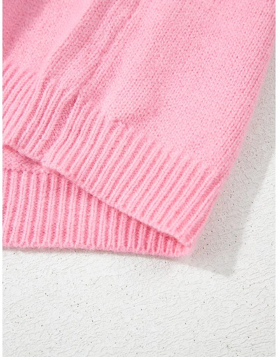 Pink Cute Knitted Floral Pattern Button Up Cardigan