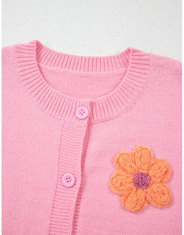 Pink Cute Knitted Floral Pattern Button Up Cardigan