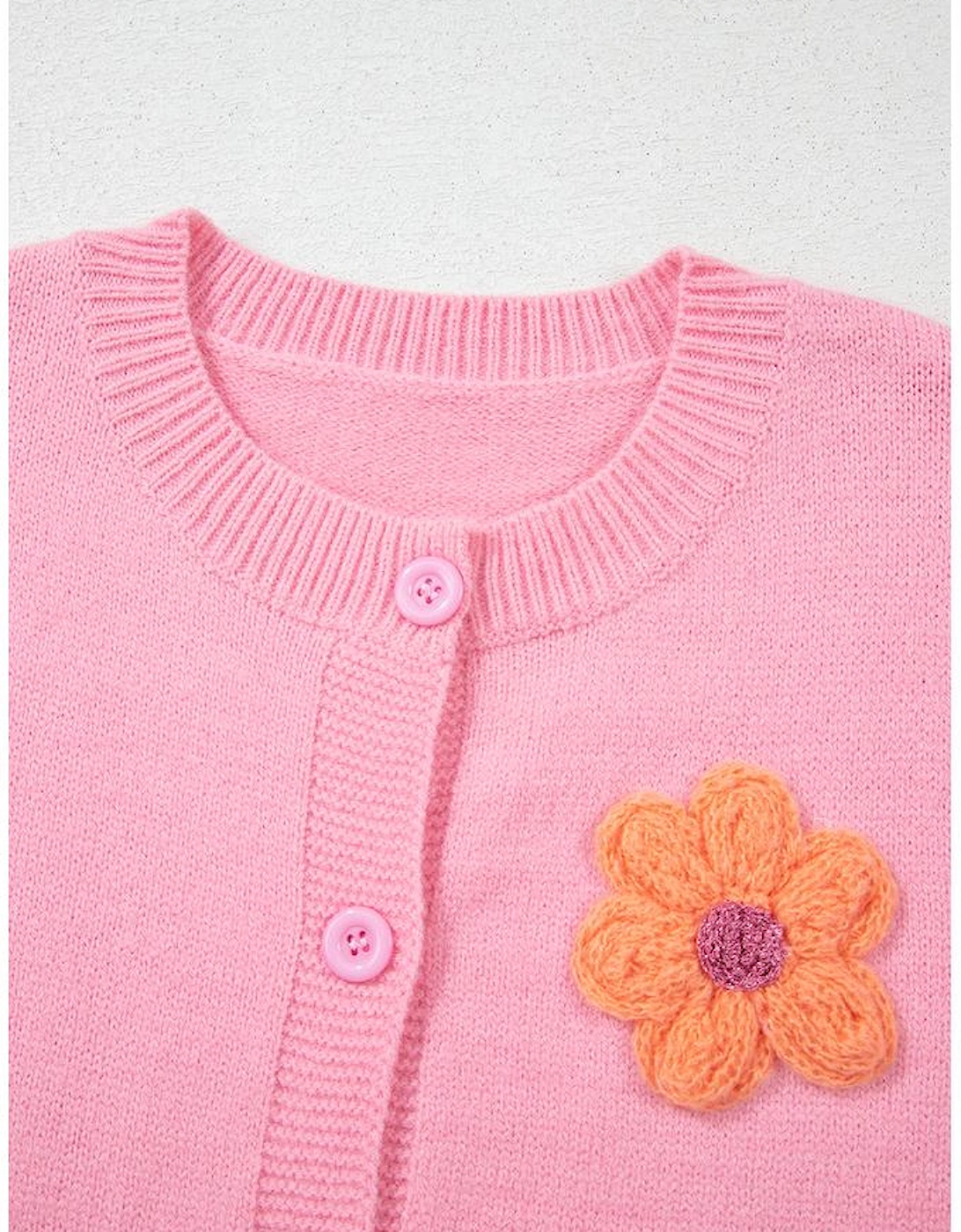 Pink Cute Knitted Floral Pattern Button Up Cardigan