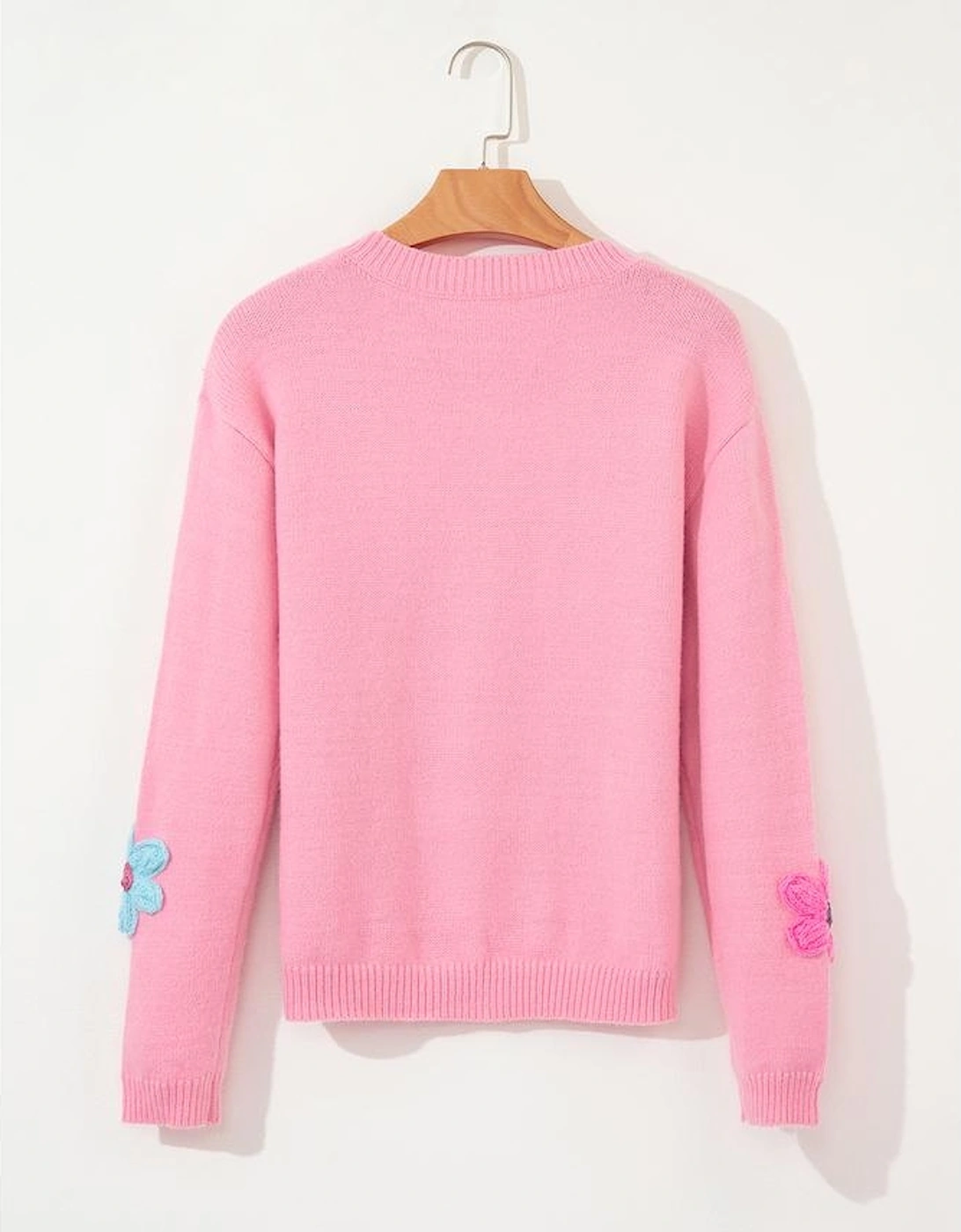 Pink Cute Knitted Floral Pattern Button Up Cardigan