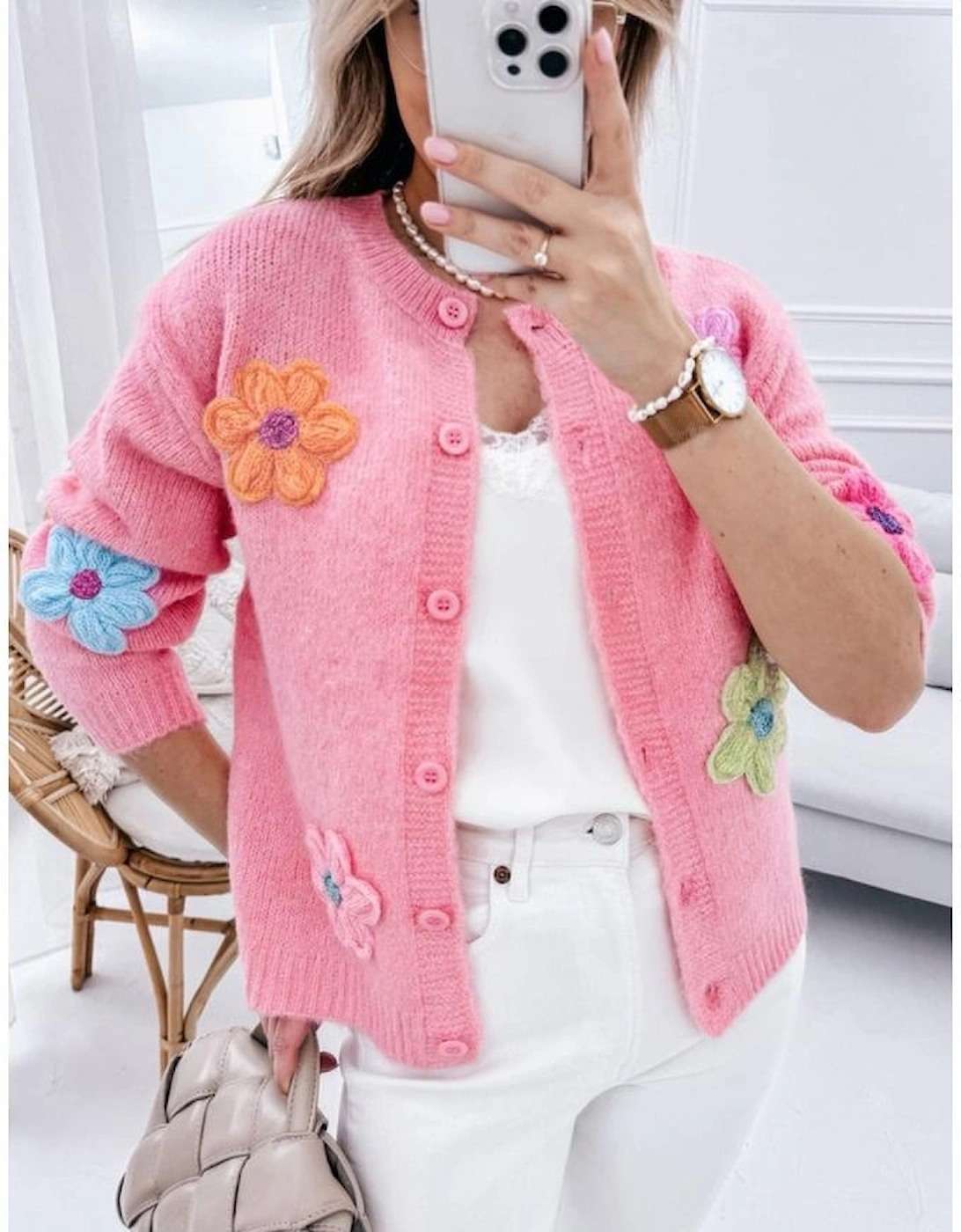 Pink Cute Knitted Floral Pattern Button Up Cardigan