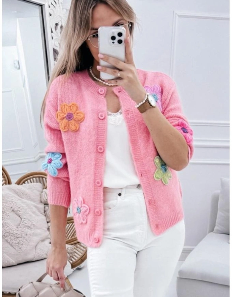 Pink Cute Knitted Floral Pattern Button Up Cardigan