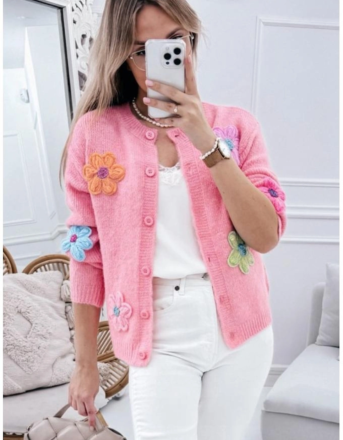 Pink Cute Knitted Floral Pattern Button Up Cardigan