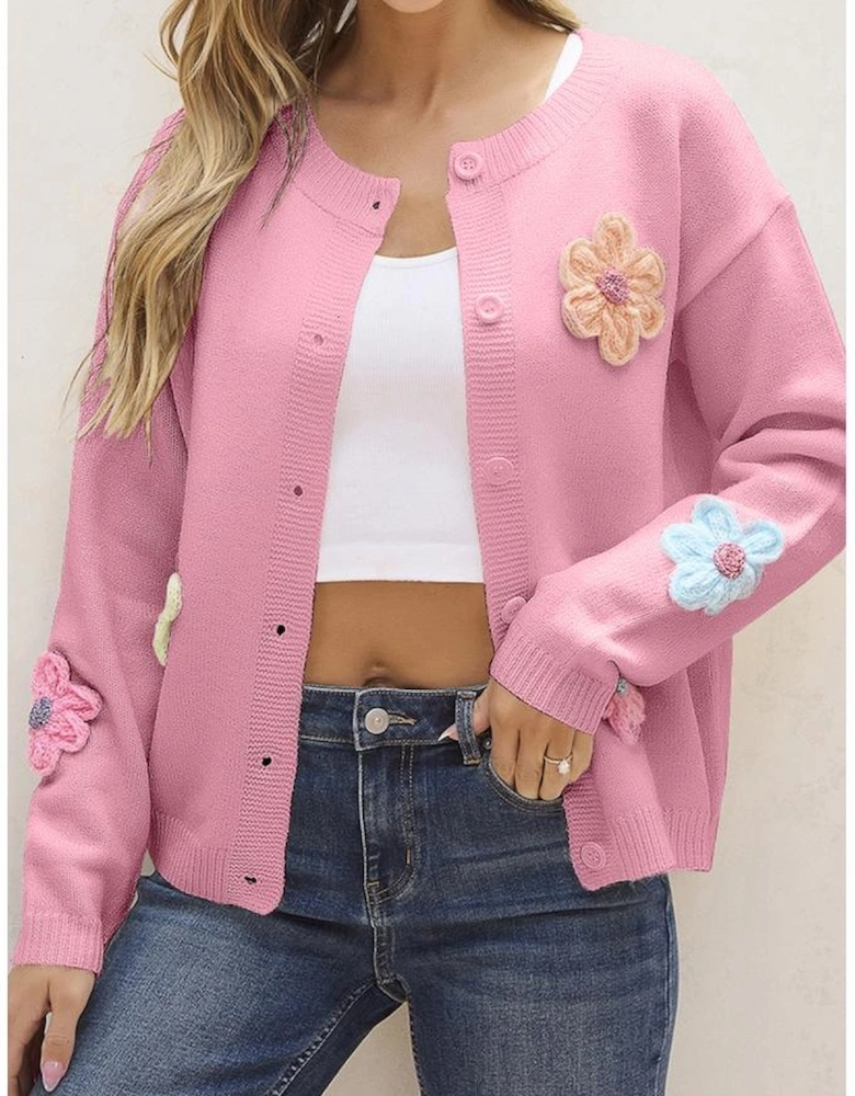 Pink Cute Knitted Floral Pattern Button Up Cardigan