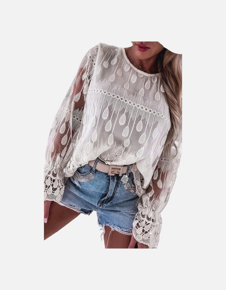 Beige Embroidered Mesh Flounce Sleeve Blouse