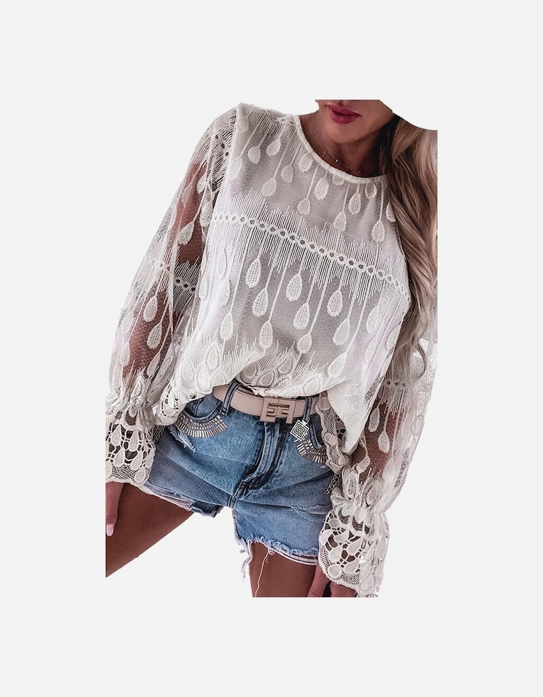 Beige Embroidered Mesh Flounce Sleeve Blouse