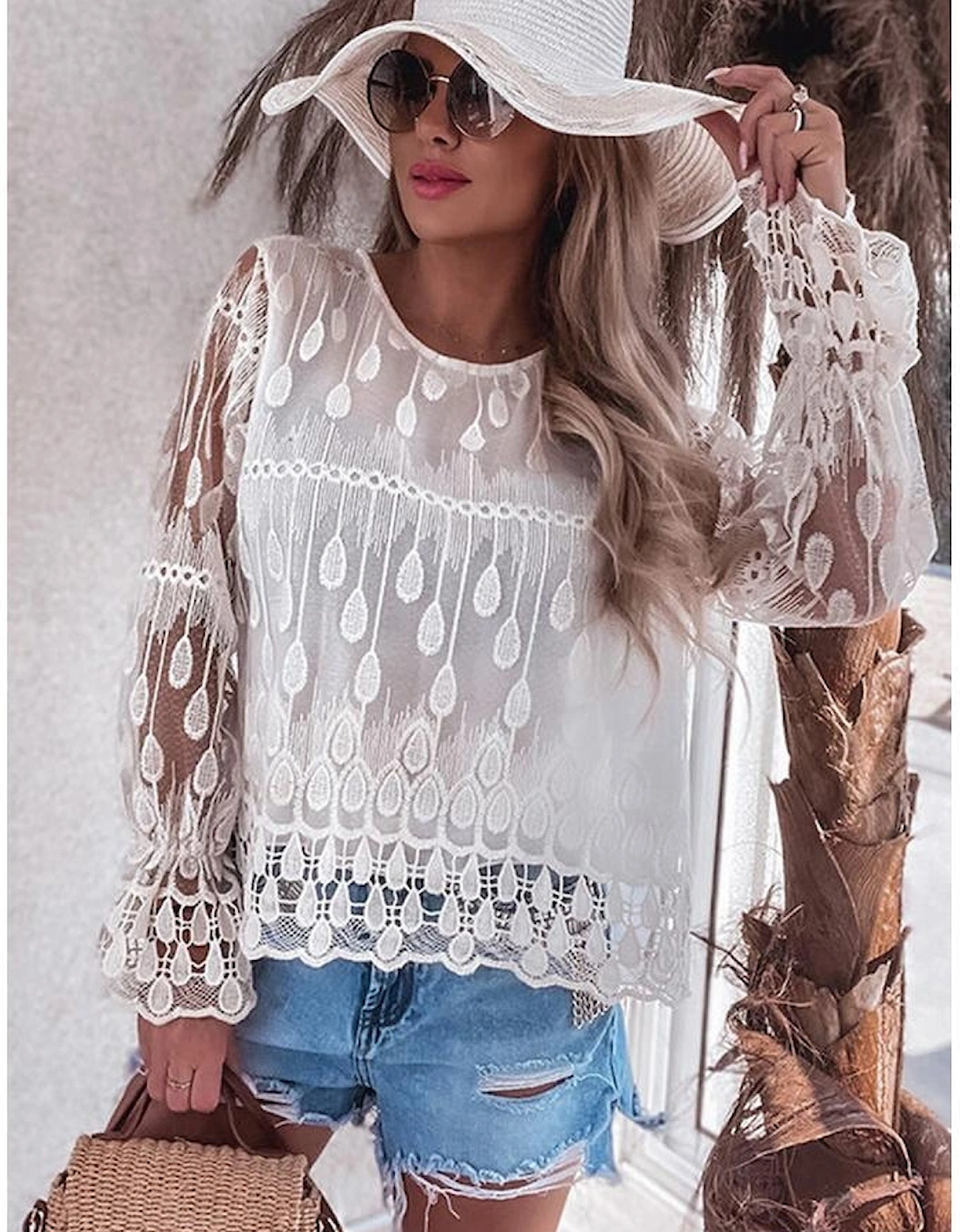 Beige Embroidered Mesh Flounce Sleeve Blouse