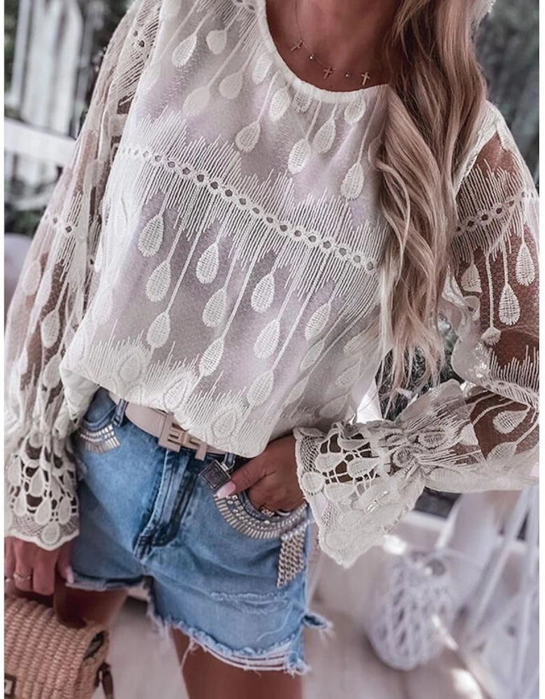 Beige Embroidered Mesh Flounce Sleeve Blouse
