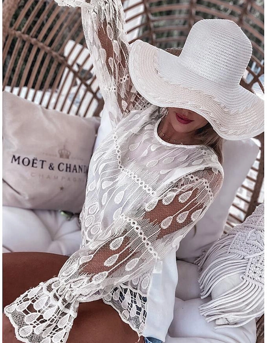 Beige Embroidered Mesh Flounce Sleeve Blouse