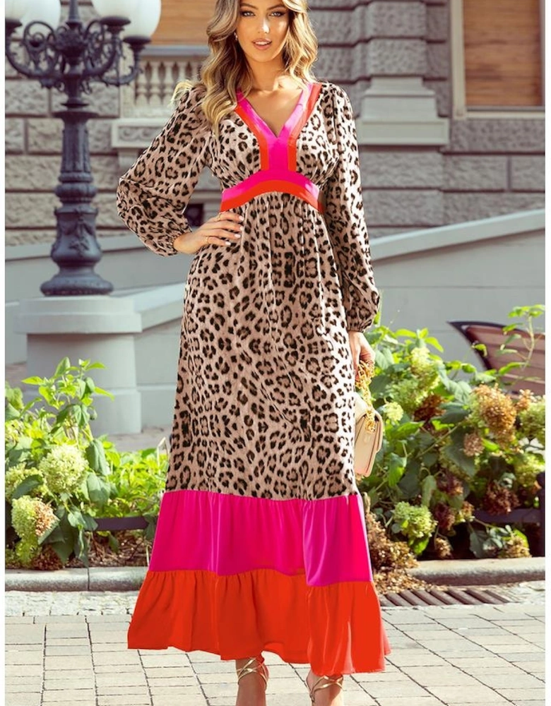 Brown Leopard Color Block V Neck Loose Fit Maxi Dress