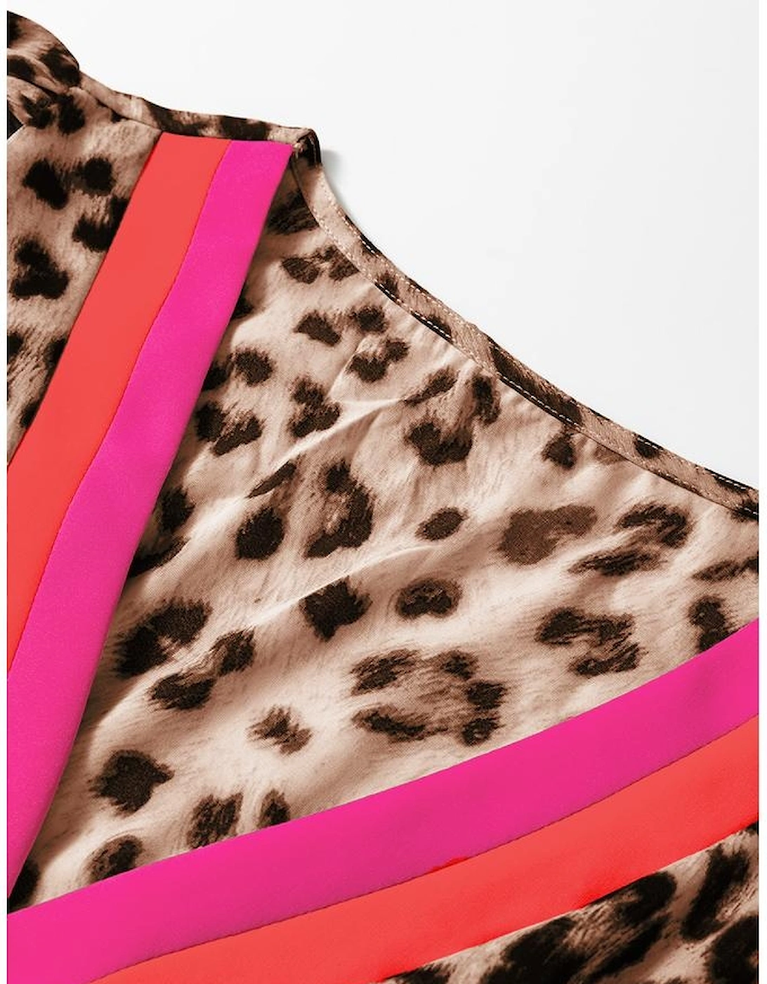 Brown Leopard Color Block V Neck Loose Fit Maxi Dress