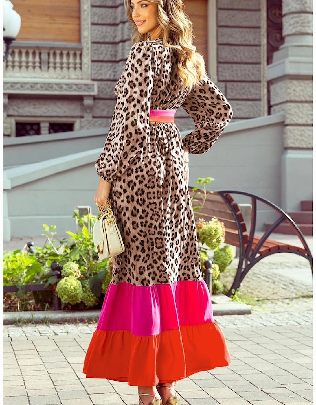 Brown Leopard Color Block V Neck Loose Fit Maxi Dress