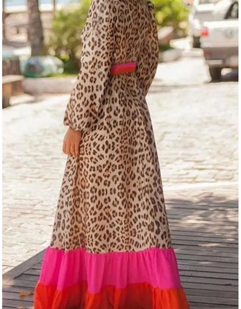 Brown Leopard Color Block V Neck Loose Fit Maxi Dress