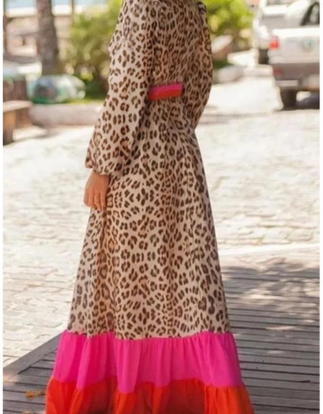 Brown Leopard Color Block V Neck Loose Fit Maxi Dress