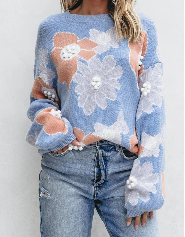 Beau Blue Floral O Neck Drop Shoulder Knitted Sweater