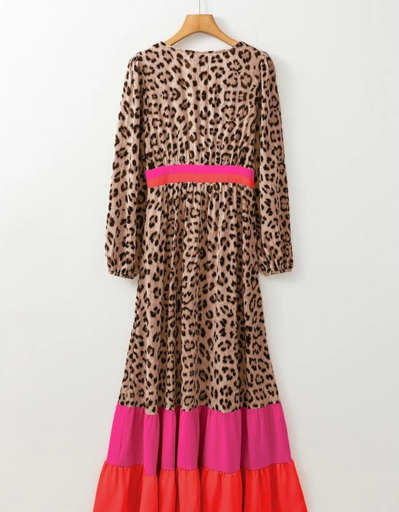 Brown Leopard Color Block V Neck Loose Fit Maxi Dress