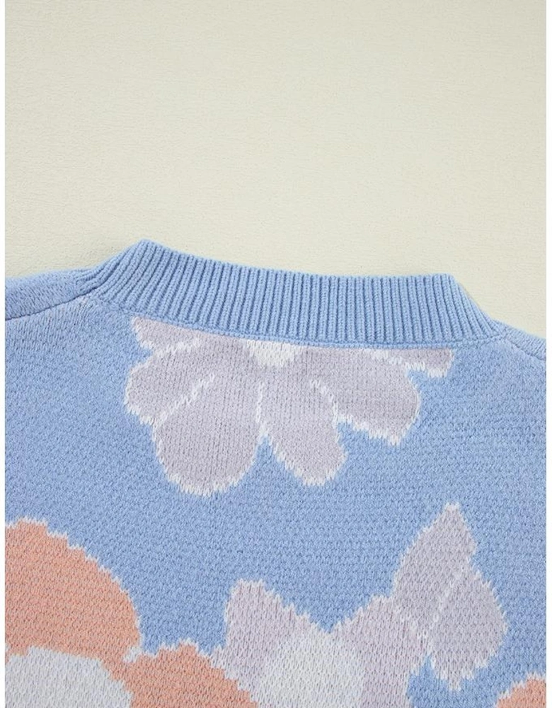 Beau Blue Floral O Neck Drop Shoulder Knitted Sweater