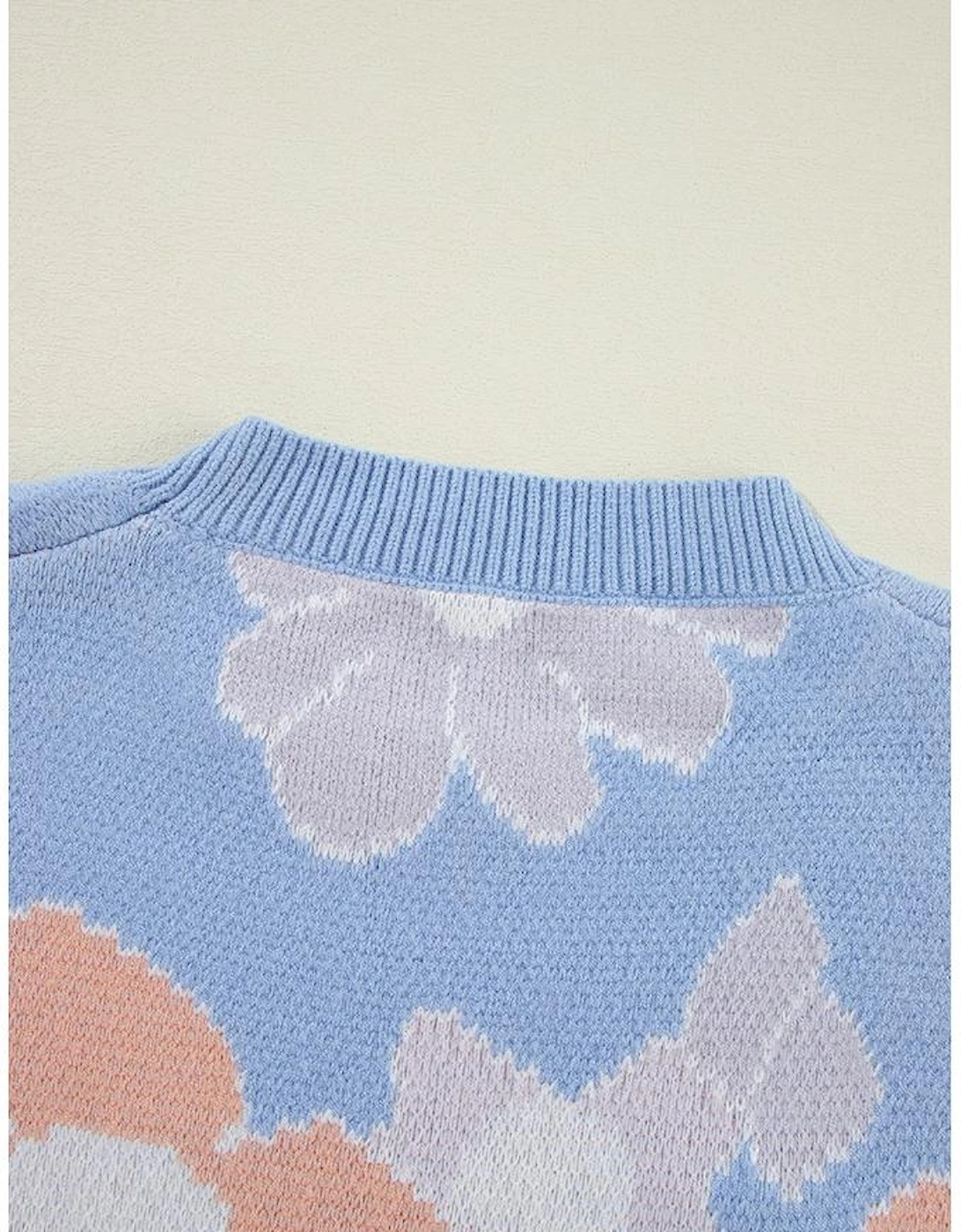 Beau Blue Floral O Neck Drop Shoulder Knitted Sweater