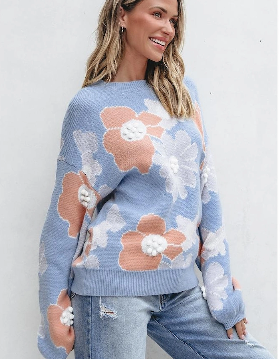 Beau Blue Floral O Neck Drop Shoulder Knitted Sweater