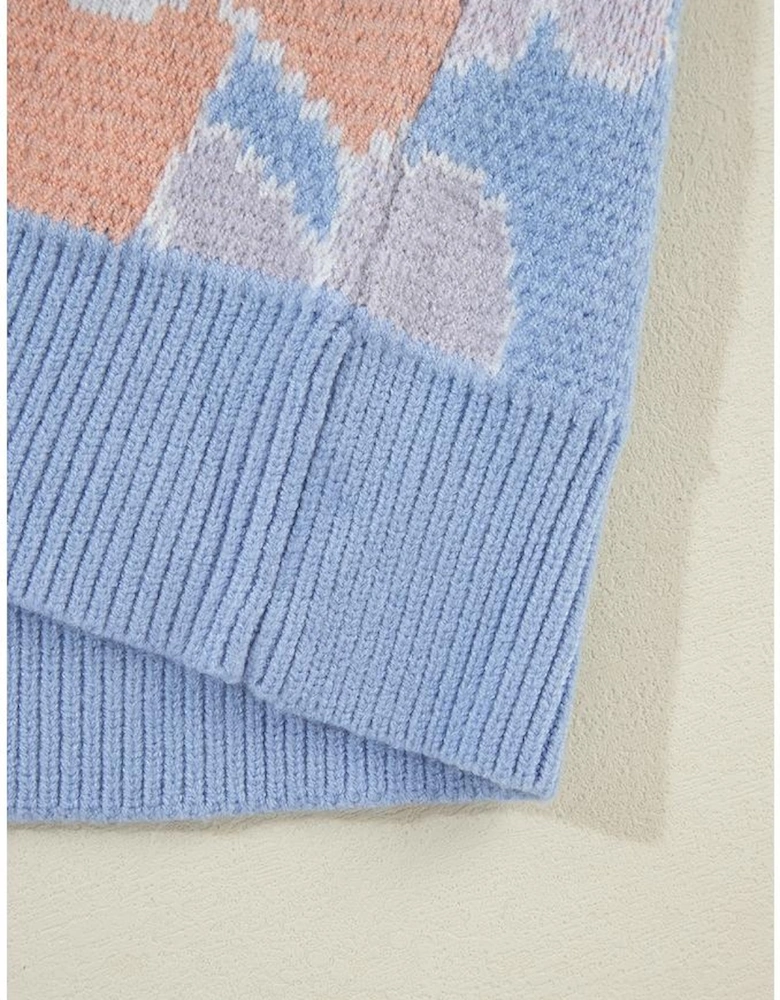 Beau Blue Floral O Neck Drop Shoulder Knitted Sweater