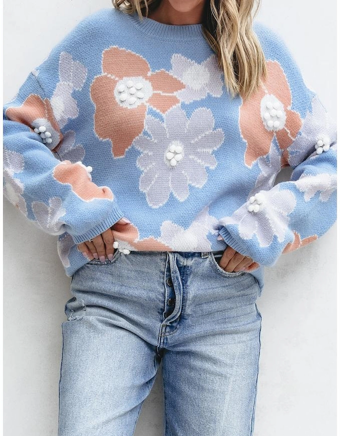 Beau Blue Floral O Neck Drop Shoulder Knitted Sweater
