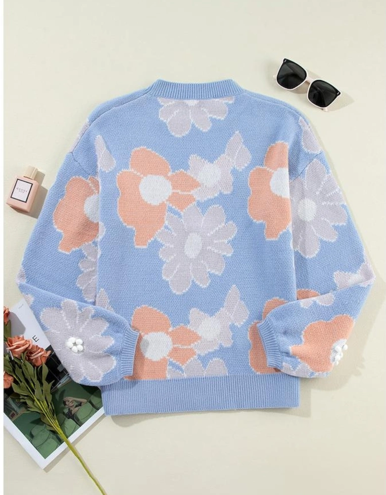 Beau Blue Floral O Neck Drop Shoulder Knitted Sweater