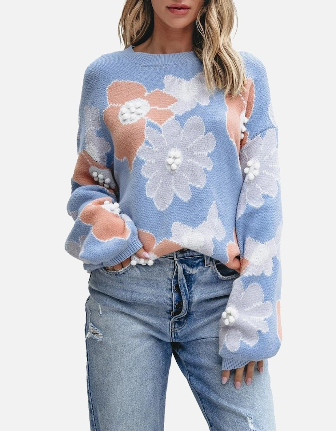 Beau Blue Floral O Neck Drop Shoulder Knitted Sweater
