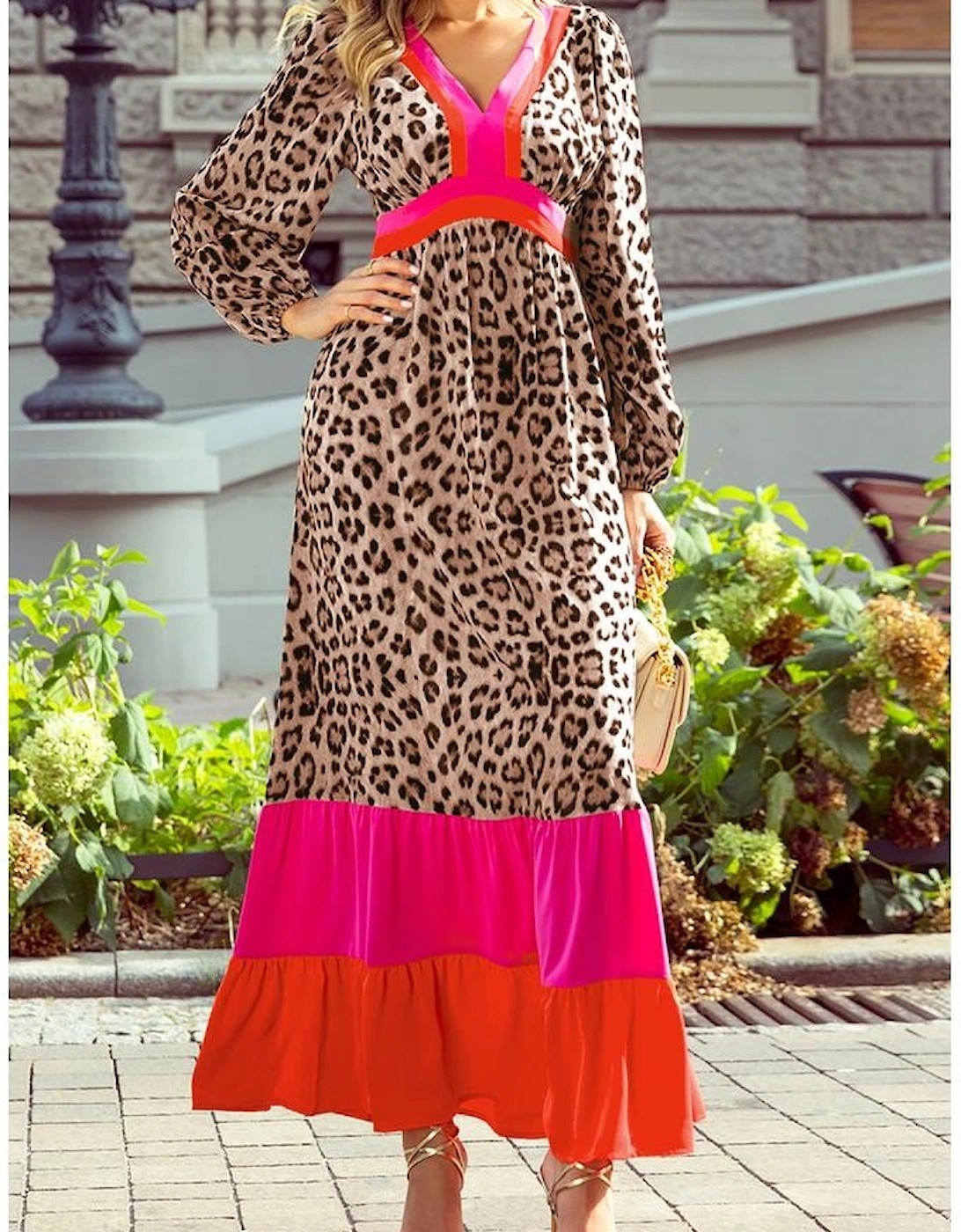 Brown Leopard Color Block V Neck Loose Fit Maxi Dress